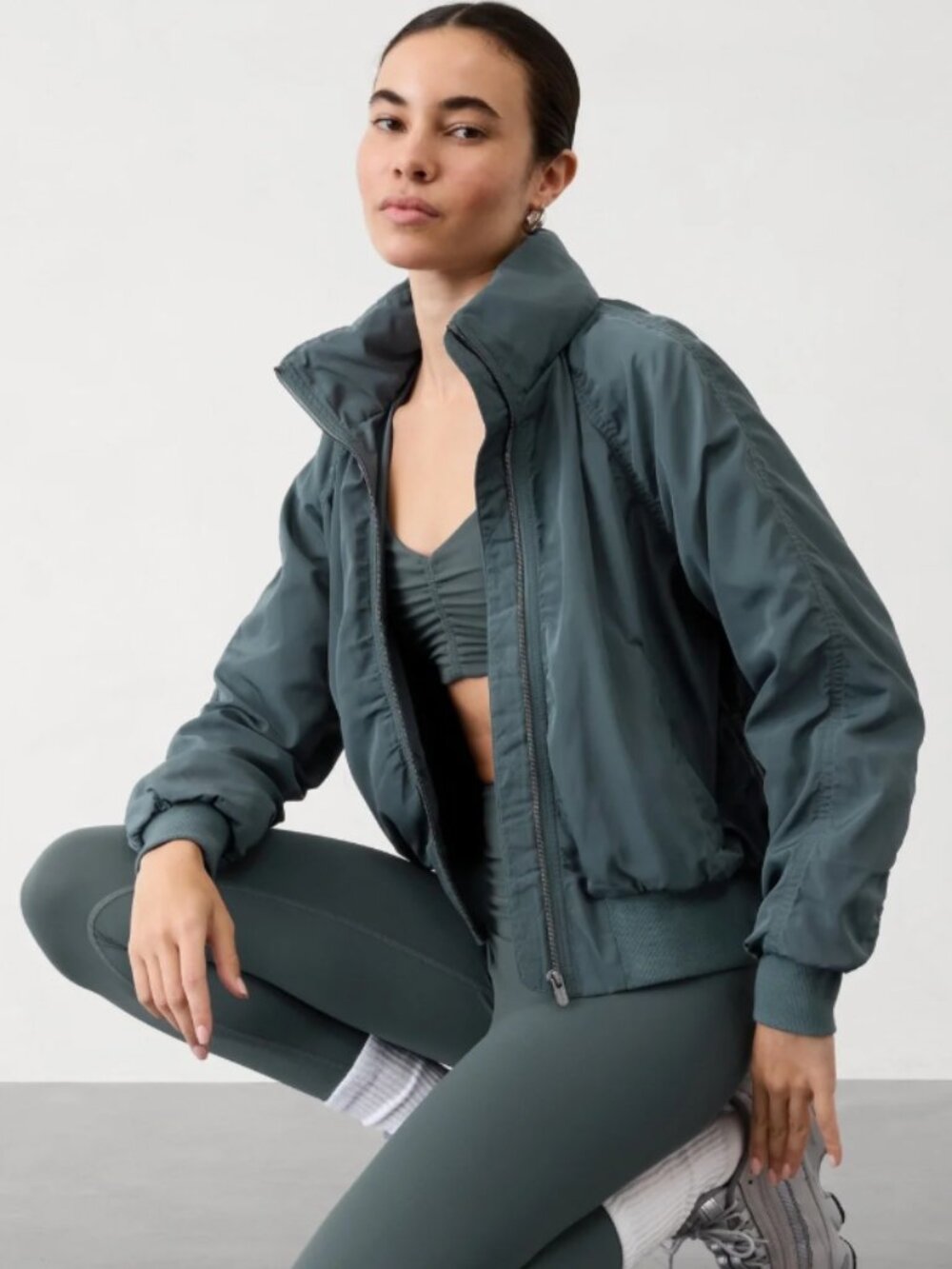 Athleta Jetset Bomber jacket size large gray-teal blue green eden